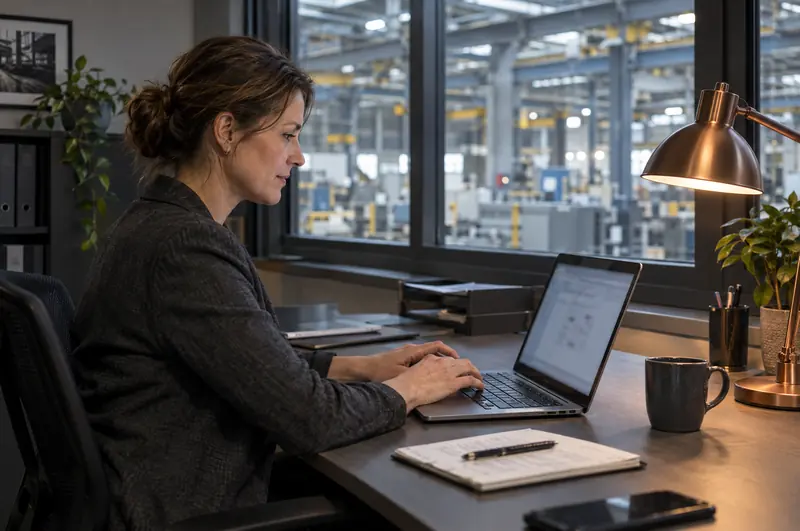 Mitarbeiterin schreibt im Büro mit Blick auf die Werkhalle eine E-Mail
