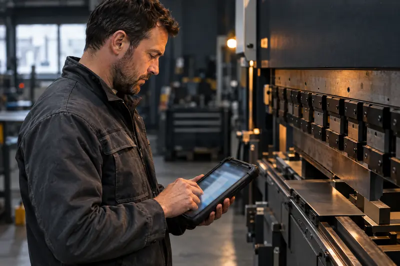 Mitarbeiter an der Abkantpresse liest eine Antwort auf dem Tablet